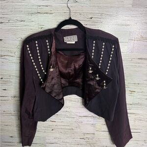 Vintage Women's Dark Purple Blazer with Pearl Details crop